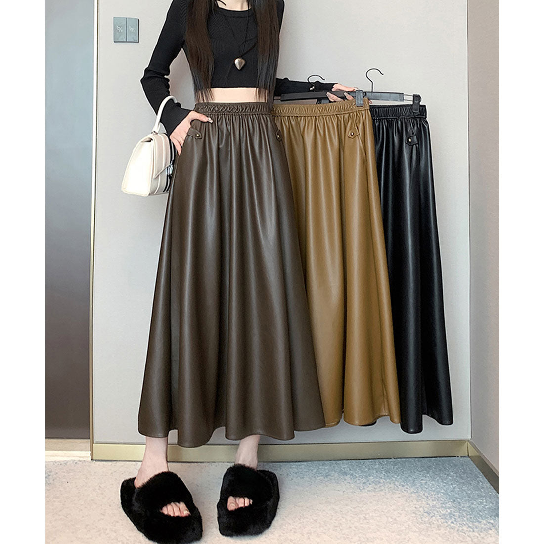 レースレディース Lace Ladies ハイウエスト レザー調 Aライン イージー スカート