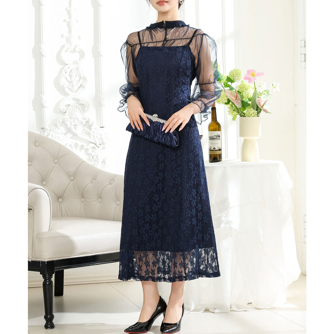 レースレディース Lace Ladies 2WAY シアー トップス付き 花柄 レース ロング ワンピース