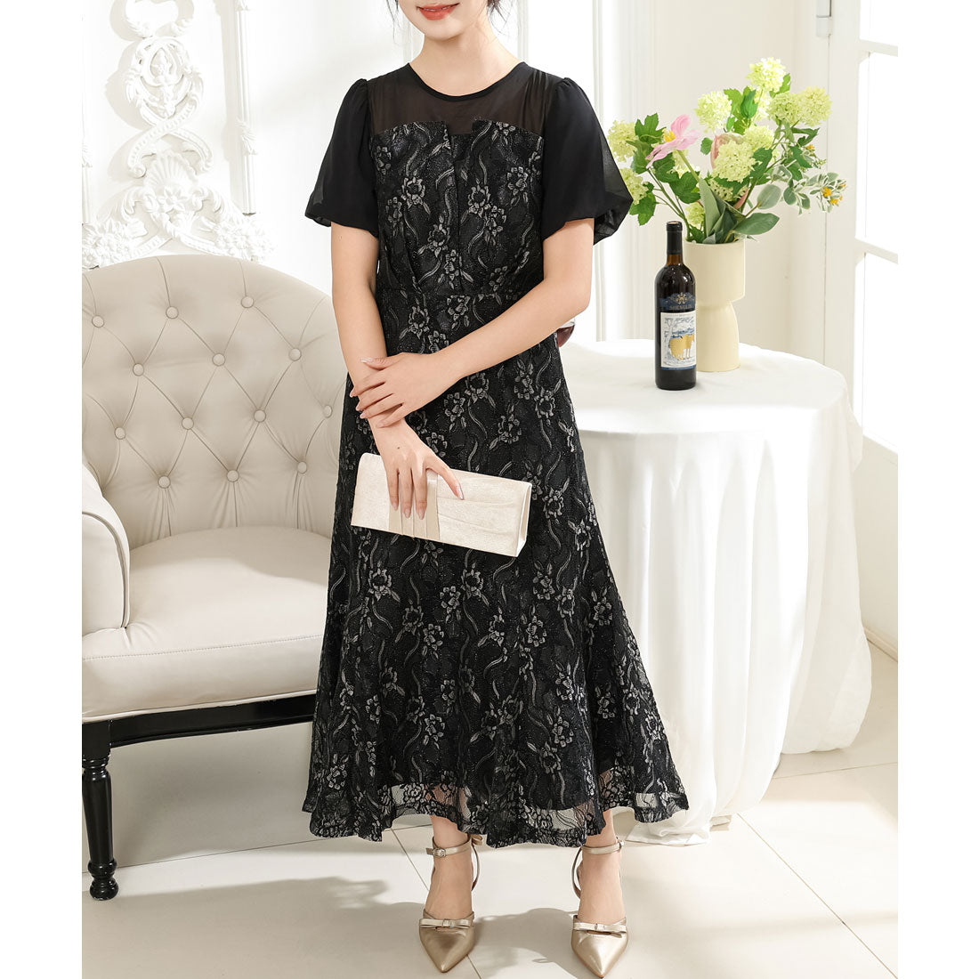 レースレディース Lace Ladies レース ドッキング タック ロング ワンピース