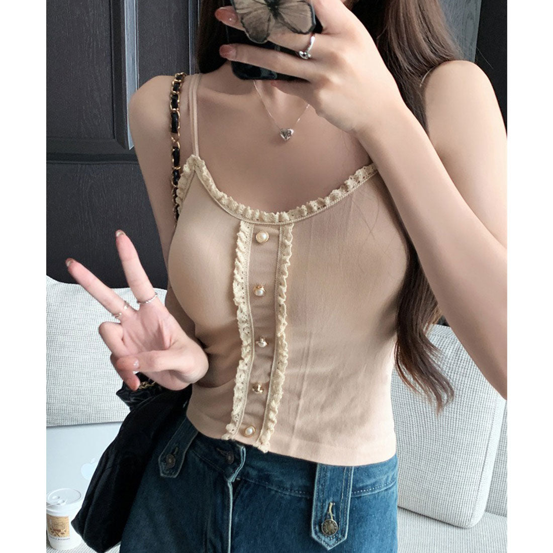 Lace Ladies Pearl Button Ruffle Camisole with Cups