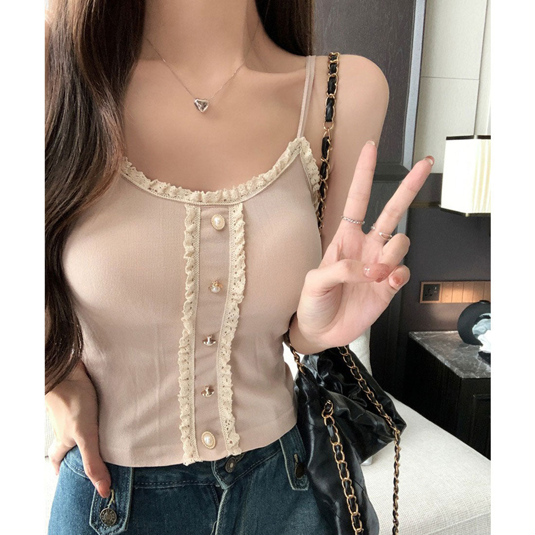 Lace Ladies Pearl Button Ruffle Camisole with Cups