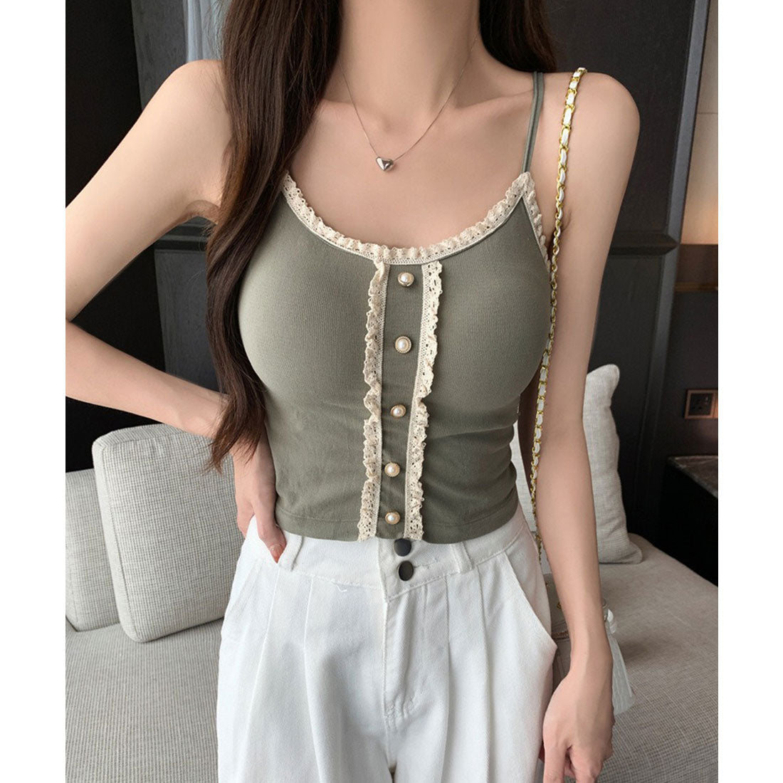 Lace Ladies Pearl Button Ruffle Camisole with Cups