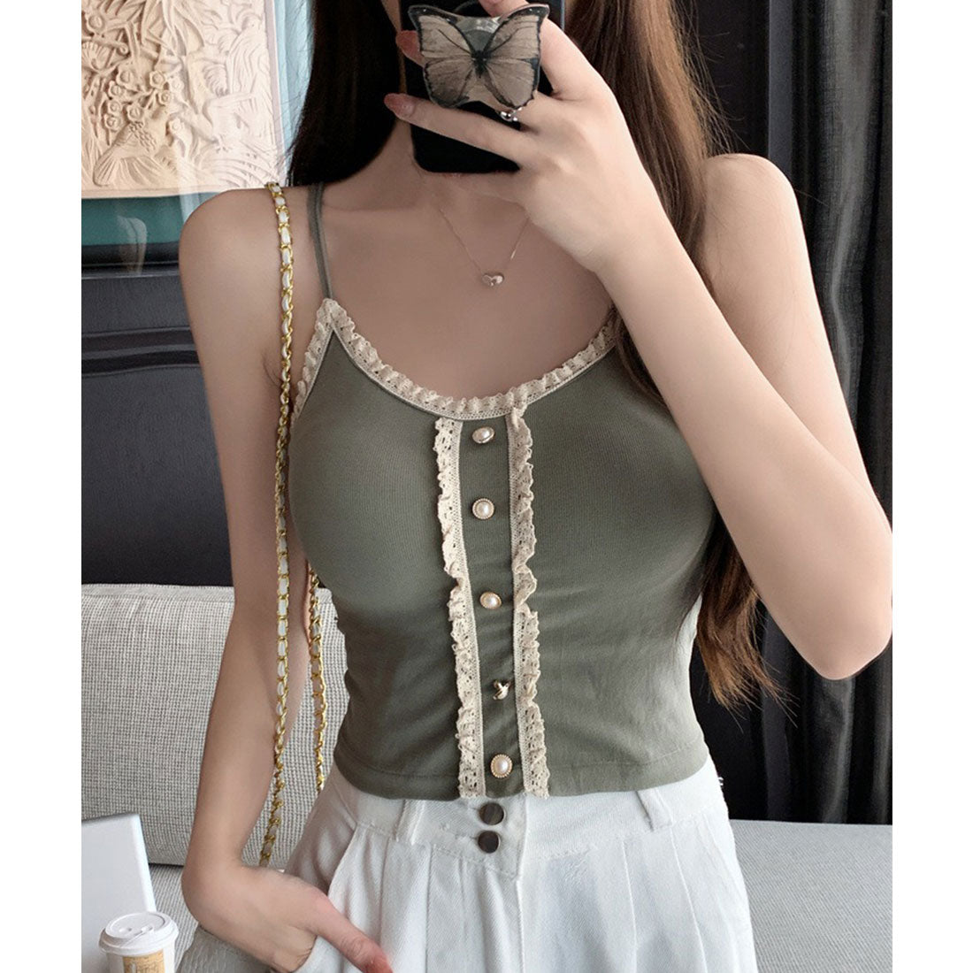 Lace Ladies Pearl Button Ruffle Camisole with Cups