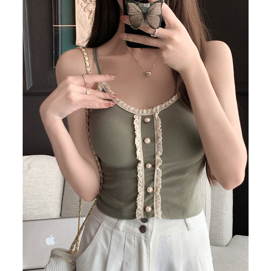 Lace Ladies Pearl Button Ruffle Camisole with Cups