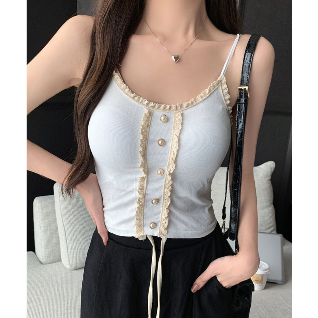 Lace Ladies Pearl Button Ruffle Camisole with Cups