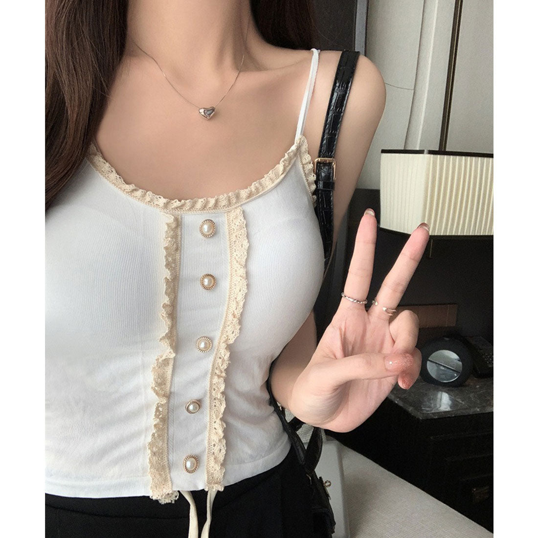 Lace Ladies Pearl Button Ruffle Camisole with Cups