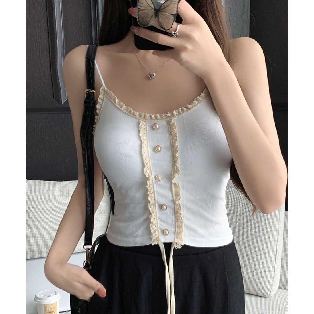 Lace Ladies Pearl Button Ruffle Camisole with Cups