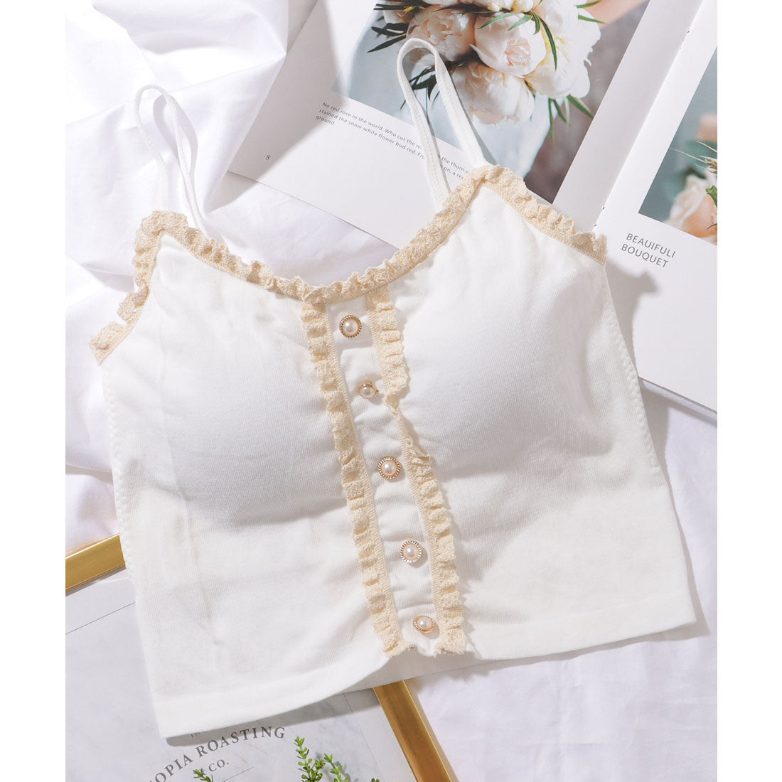 Lace Ladies Pearl Button Ruffle Camisole with Cups