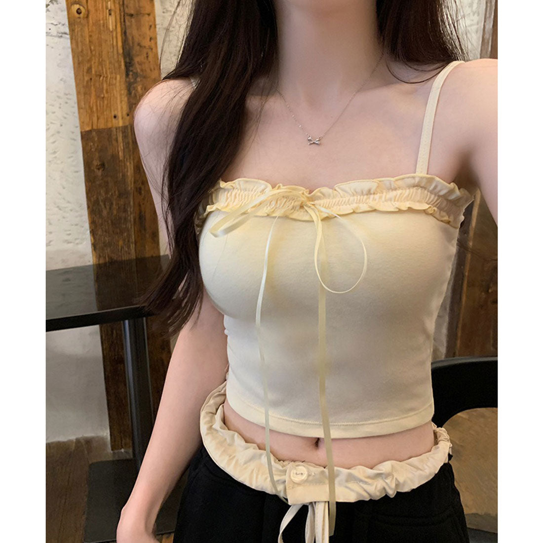 レースレディース Lace Ladies フロント リボン ガーリー フリル カップ付き キャミソール （アイボリー） アイボリー