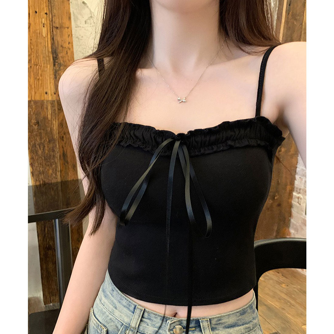 レースレディース Lace Ladies フロント リボン ガーリー フリル カップ付き キャミソール （ブラック） ブラック