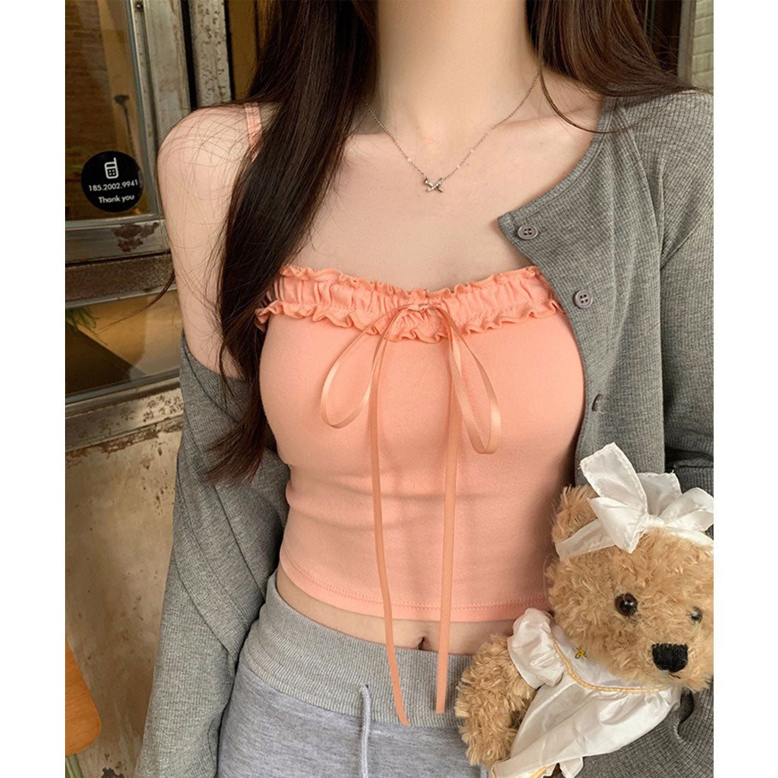 レースレディース Lace Ladies フロント リボン ガーリー フリル カップ付き キャミソール （ピンク） ピンク
