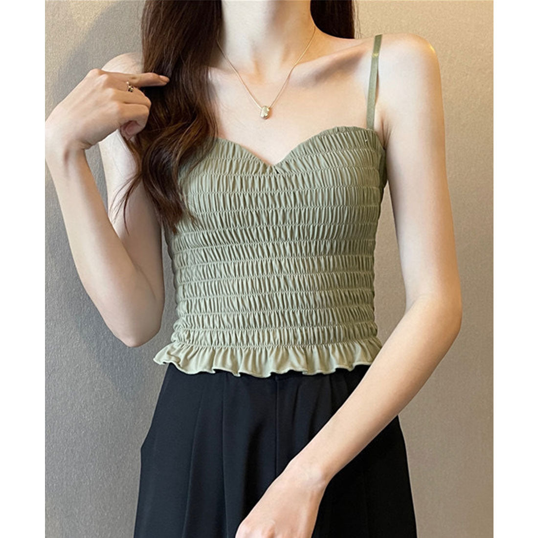 レースレディース Lace Ladies シャーリング フリル カップ付き コンパクト キャミソール （グリーン） グリーン