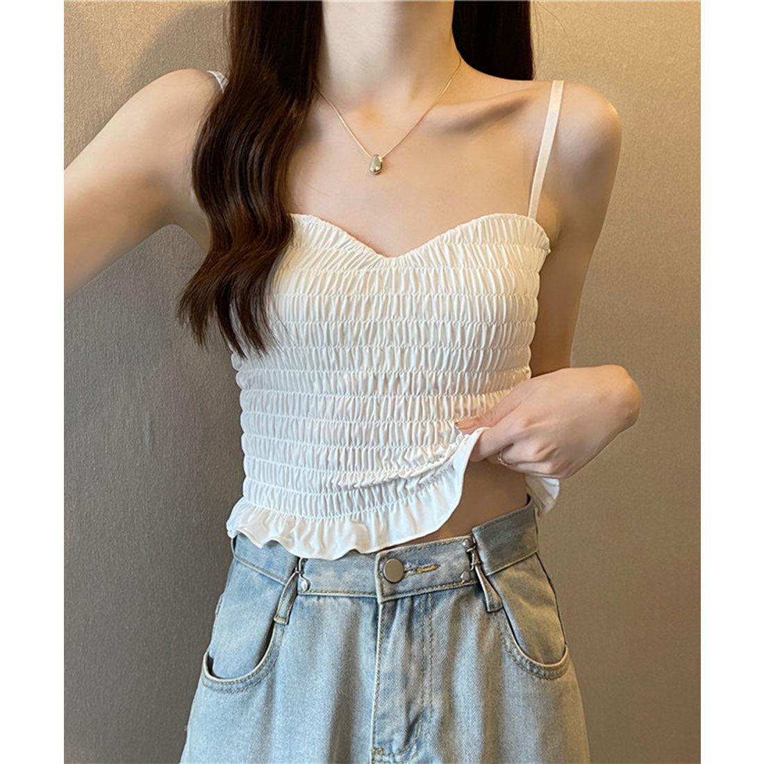 レースレディース Lace Ladies シャーリング フリル カップ付き コンパクト キャミソール （ホワイト） ホワイト