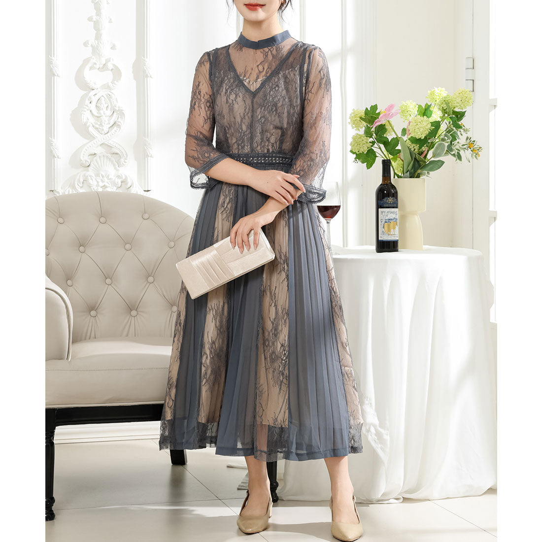 Lace Ladies Pleated Docking Fake Layered Sheer Dress