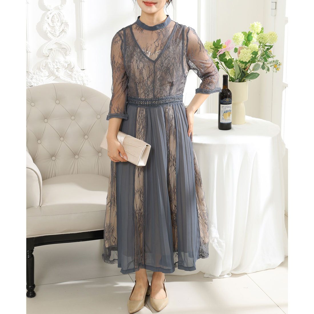 Lace Ladies Pleated Docking Fake Layered Sheer Dress