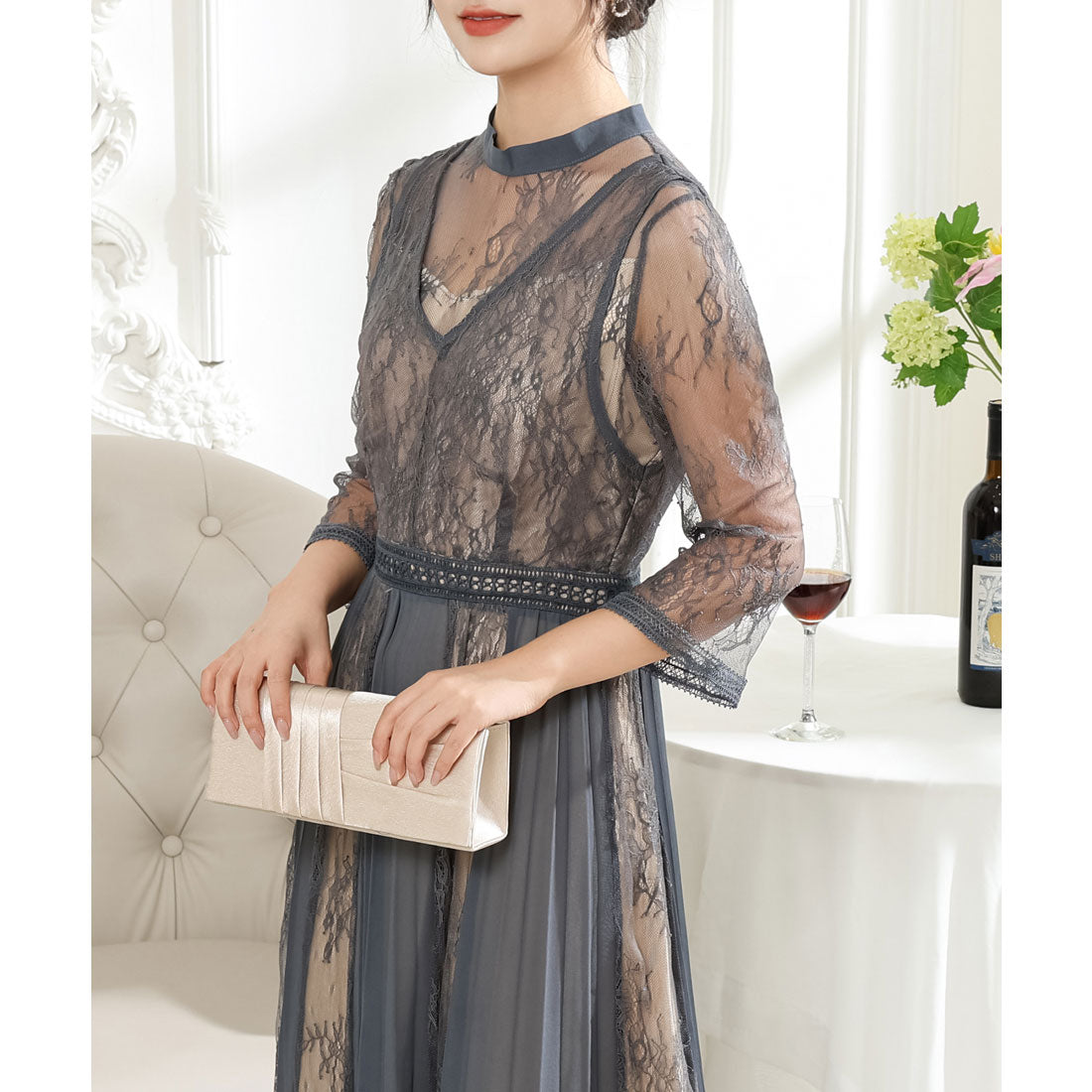 Lace Ladies Pleated Docking Fake Layered Sheer Dress