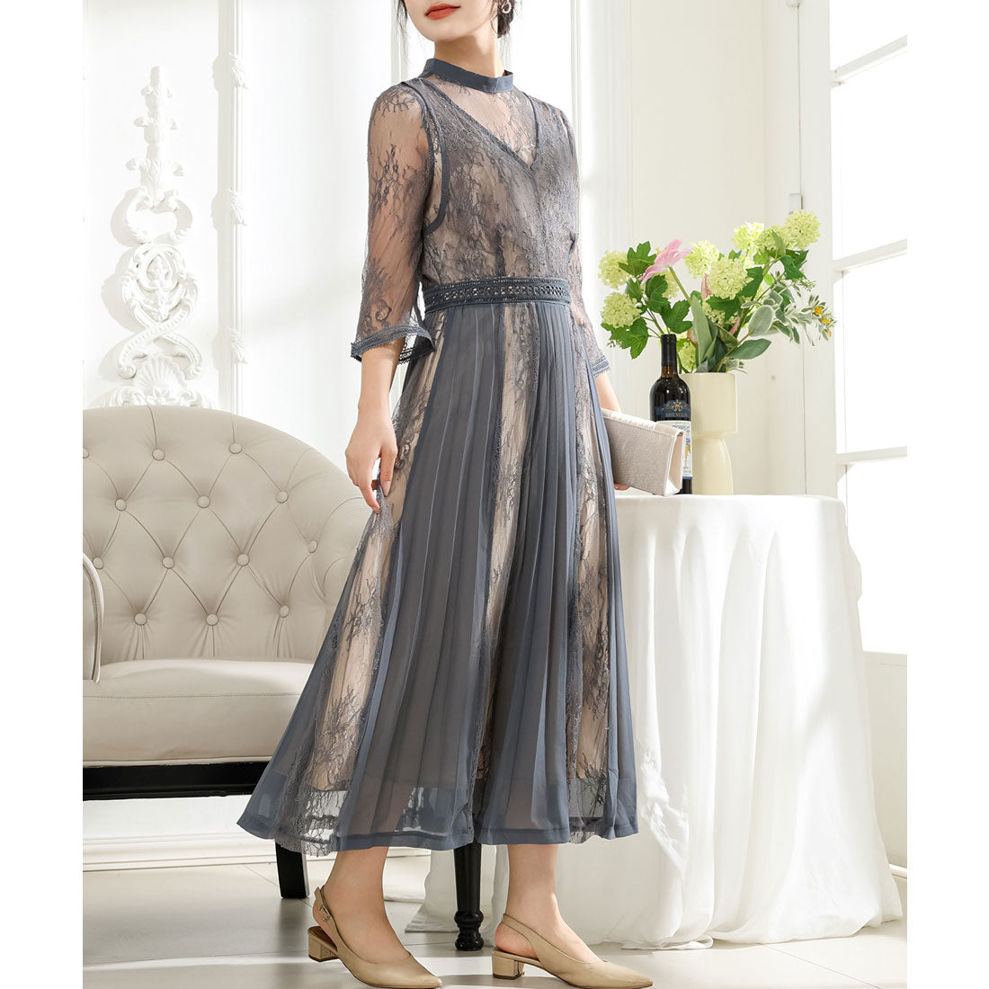Lace Ladies Pleated Docking Fake Layered Sheer Dress