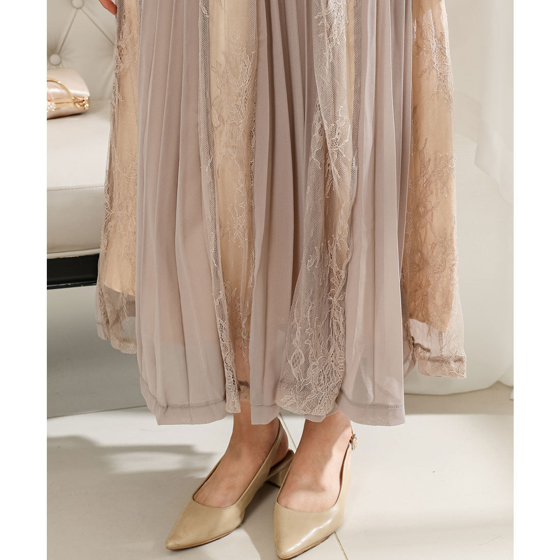 Lace Ladies Pleated Docking Fake Layered Sheer Dress