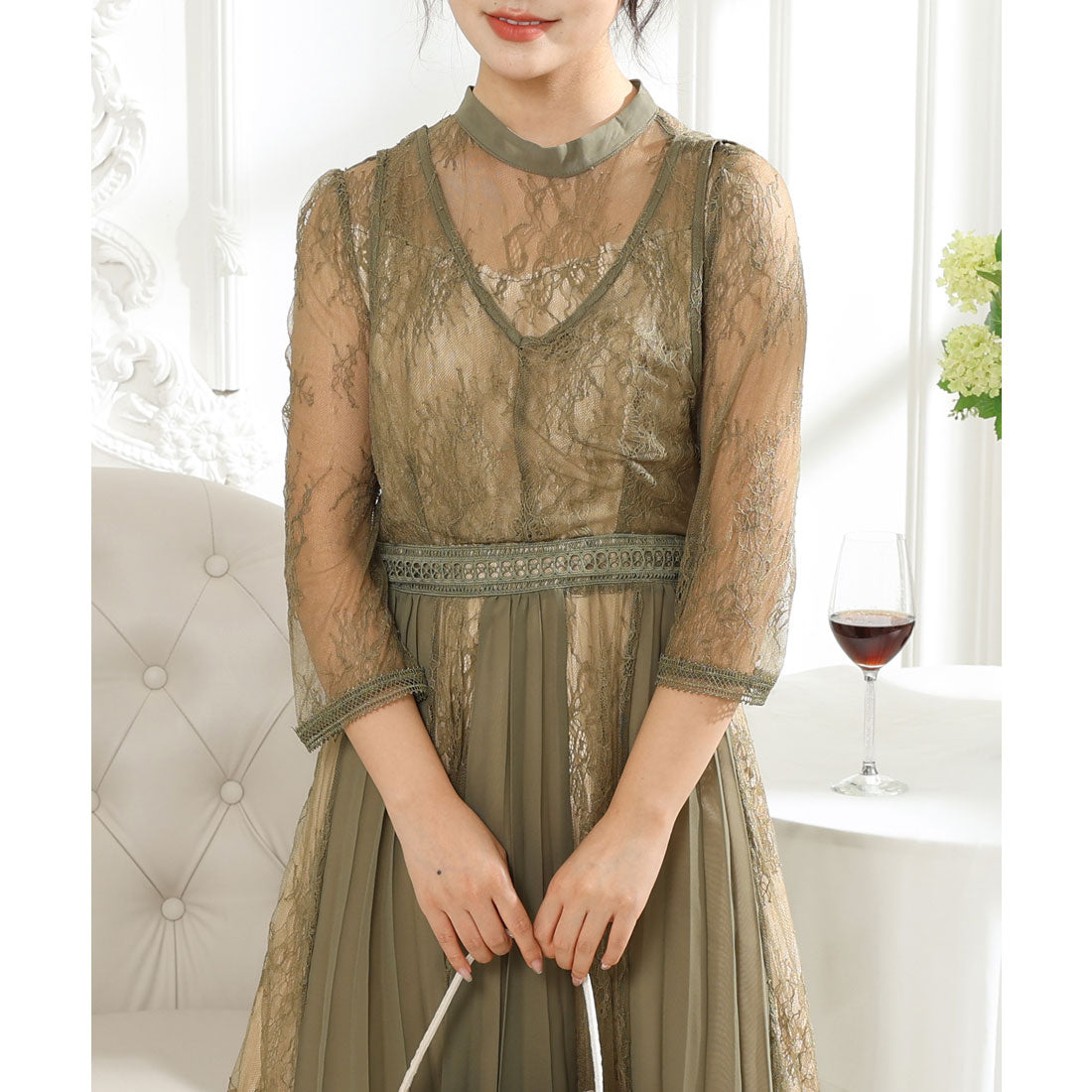 Lace Ladies Pleated Docking Fake Layered Sheer Dress