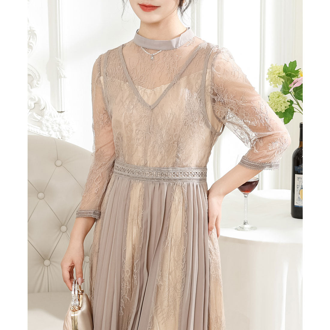 Lace Ladies Pleated Docking Fake Layered Sheer Dress
