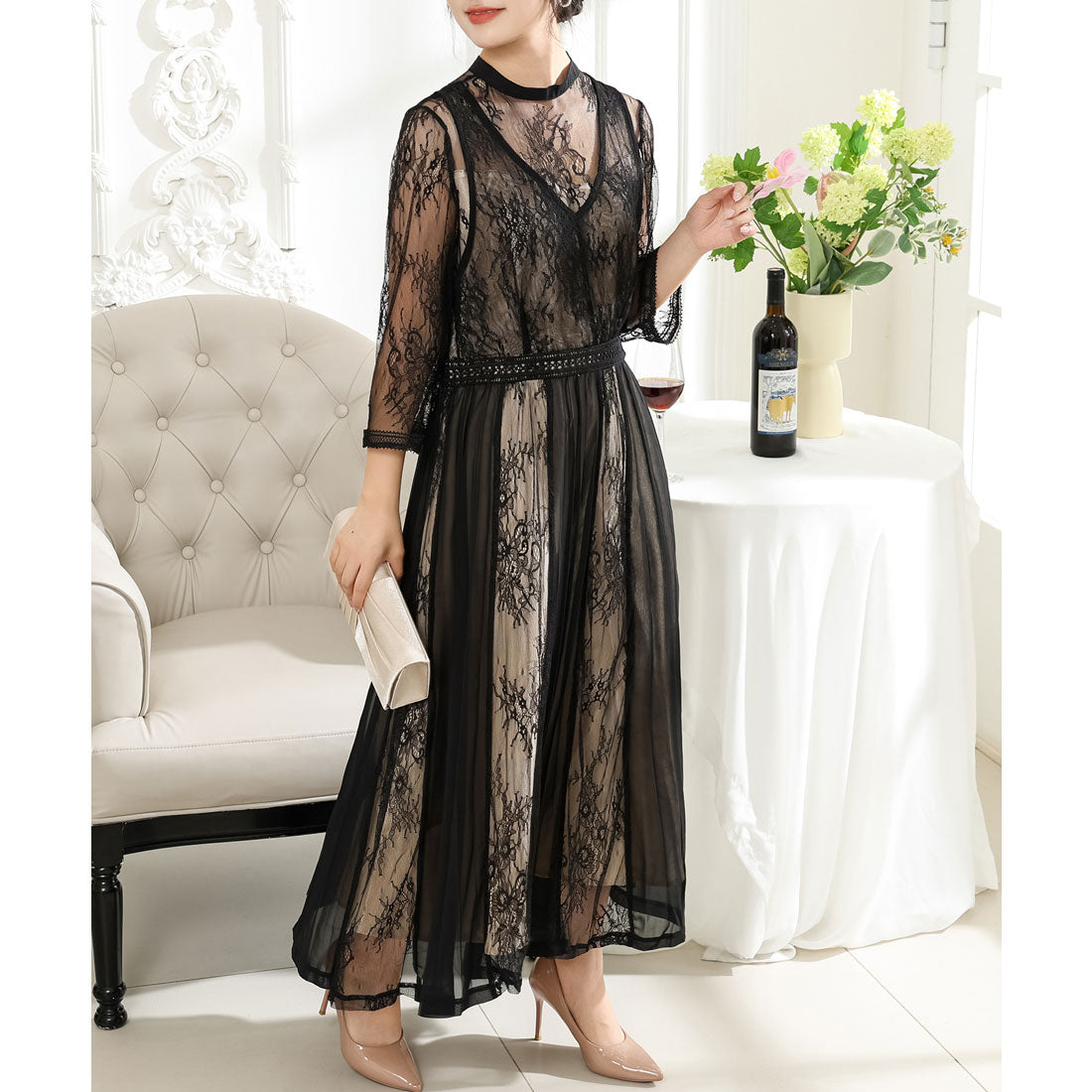 Lace Ladies Pleated Docking Fake Layered Sheer Dress