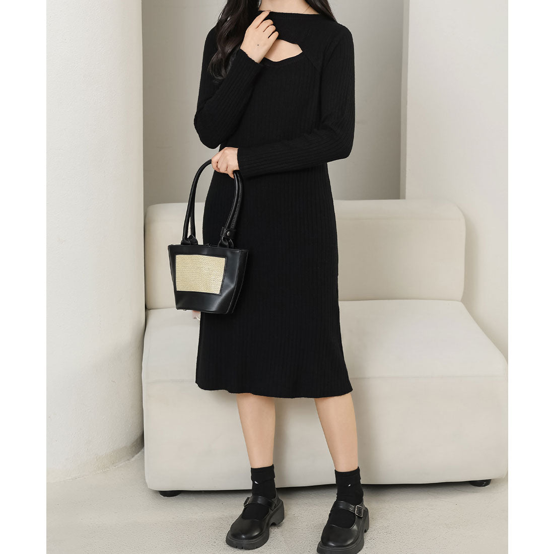 レースレディース Lace Ladies ソリッドカラー レイヤード風 リブ ニット ワンピース