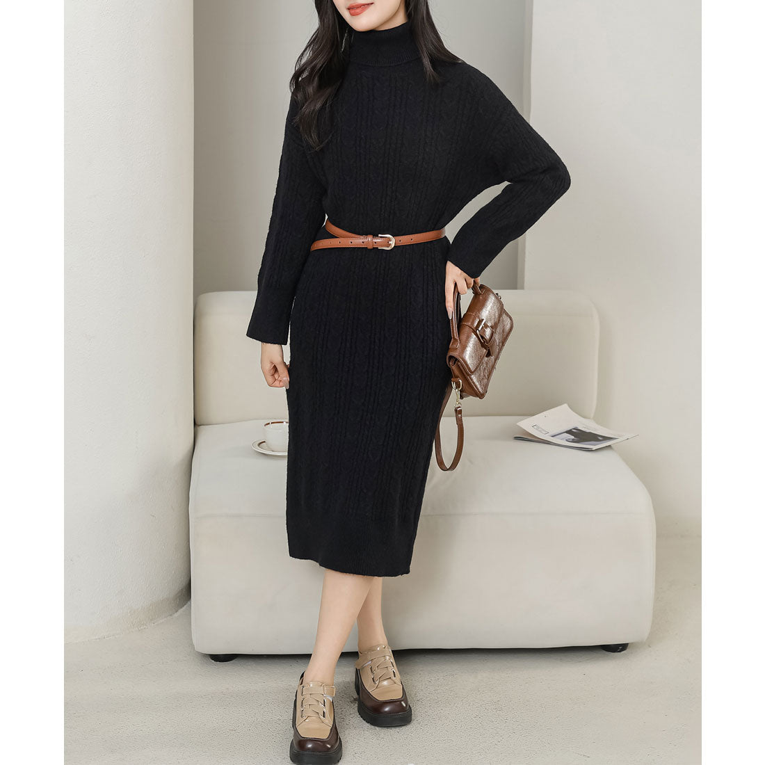 レースレディース Lace Ladies ハイネック ケーブル柄 長袖 ニット ワンピース