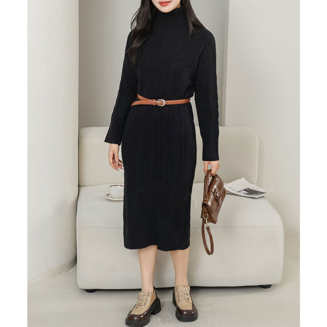 レースレディース Lace Ladies ハイネック ケーブル柄 長袖 ニット ワンピース