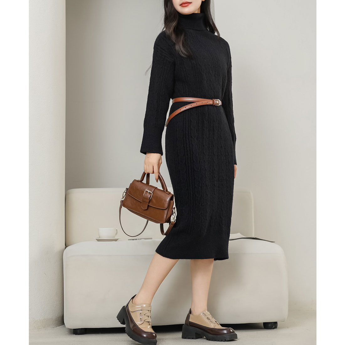 レースレディース Lace Ladies ハイネック ケーブル柄 長袖 ニット ワンピース