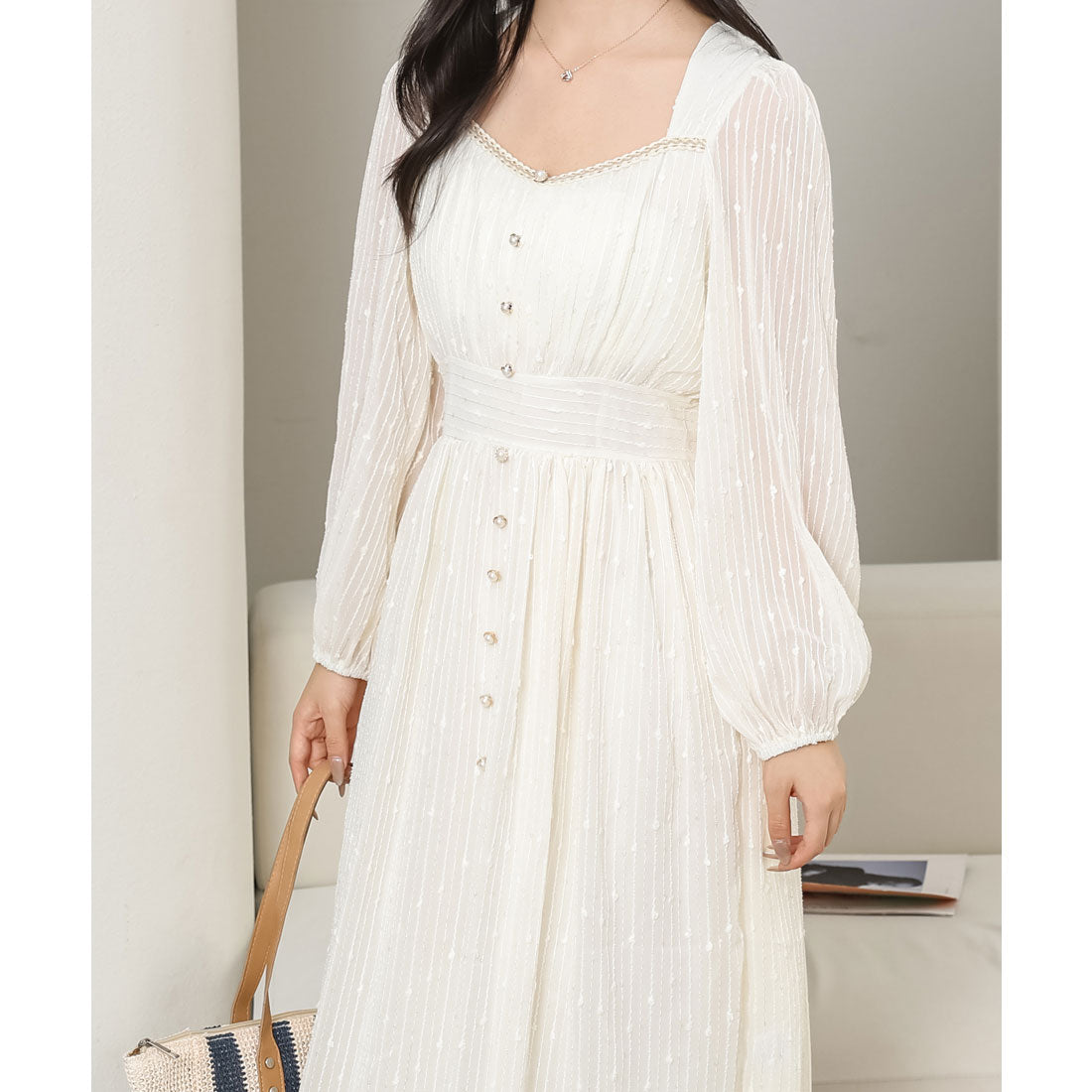 レースレディース Lace Ladies パフスリーブ スクエアVネック パール ボタン ワンピース