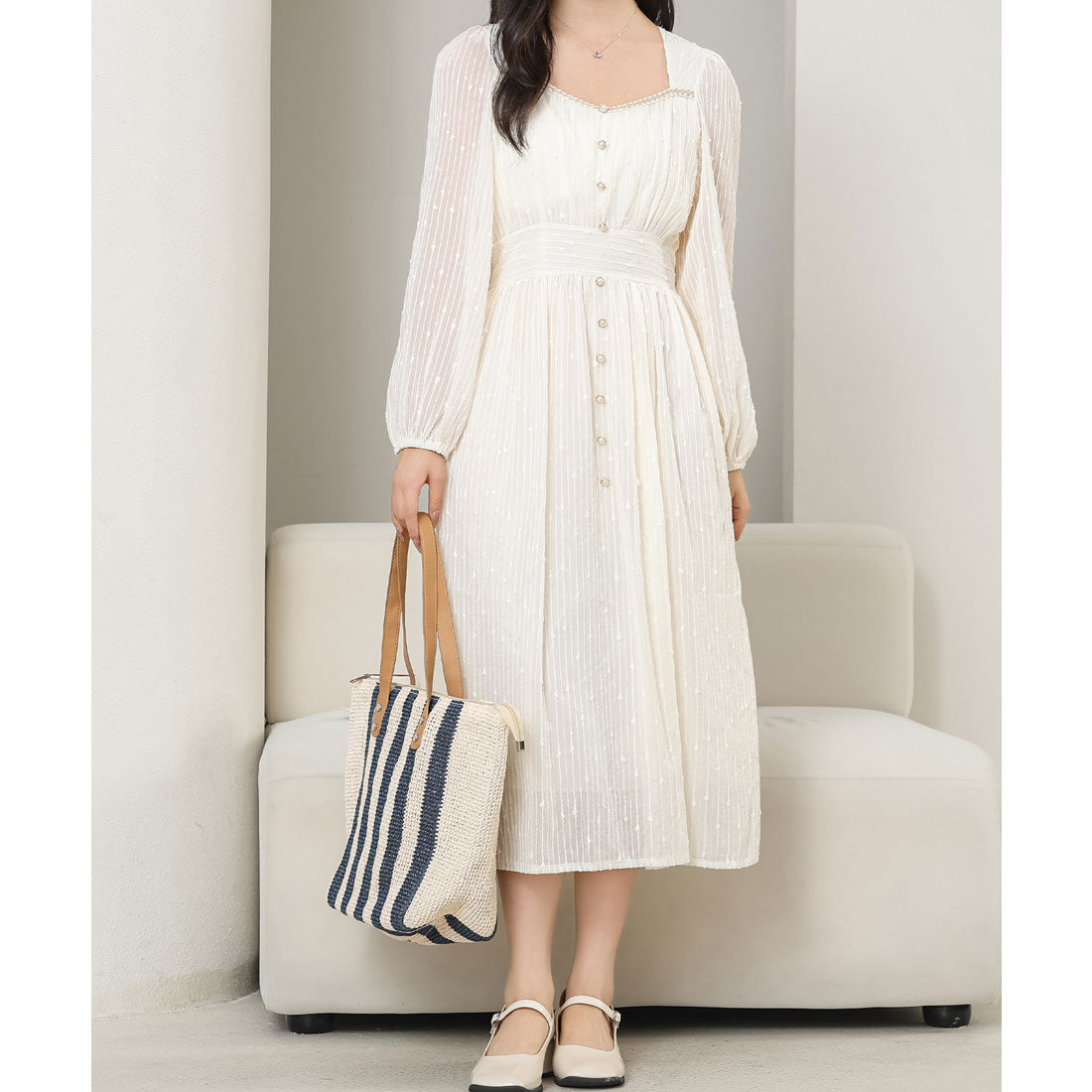 レースレディース Lace Ladies パフスリーブ スクエアVネック パール ボタン ワンピース