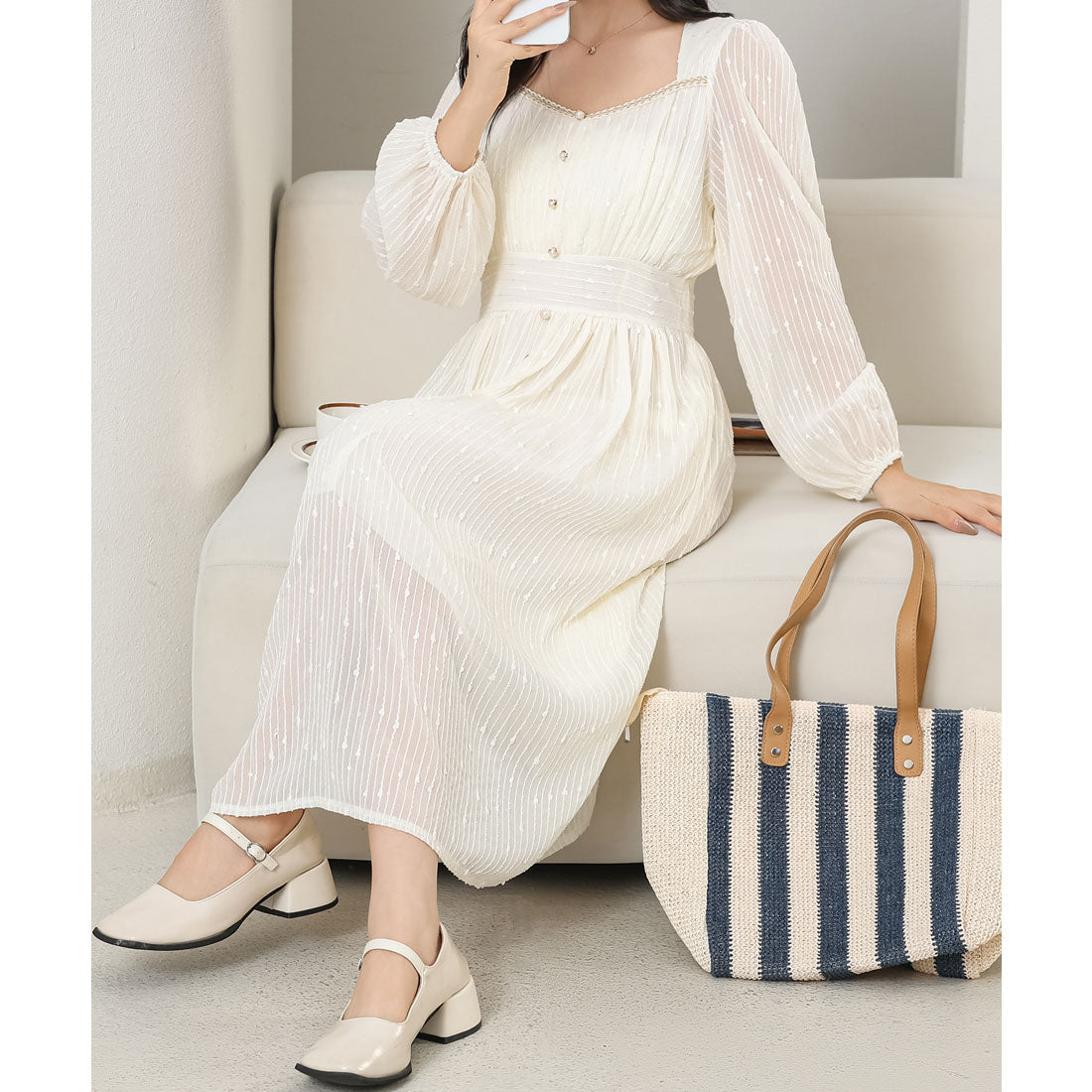 レースレディース Lace Ladies パフスリーブ スクエアVネック パール ボタン ワンピース