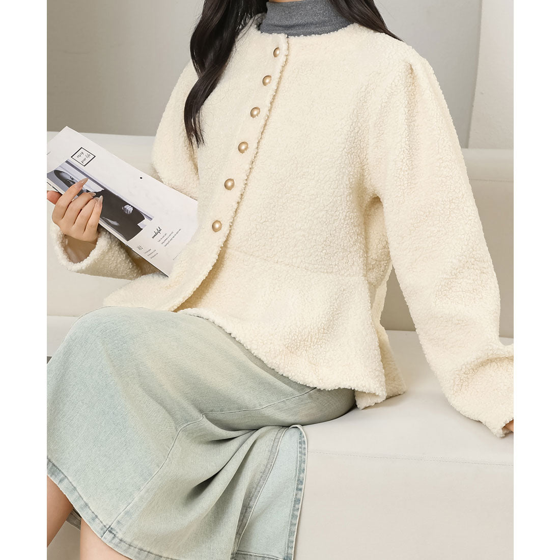 レースレディース Lace Ladies ノーカラー ペプラム ショート ボア ジャケット （アイボリー） アイボリー