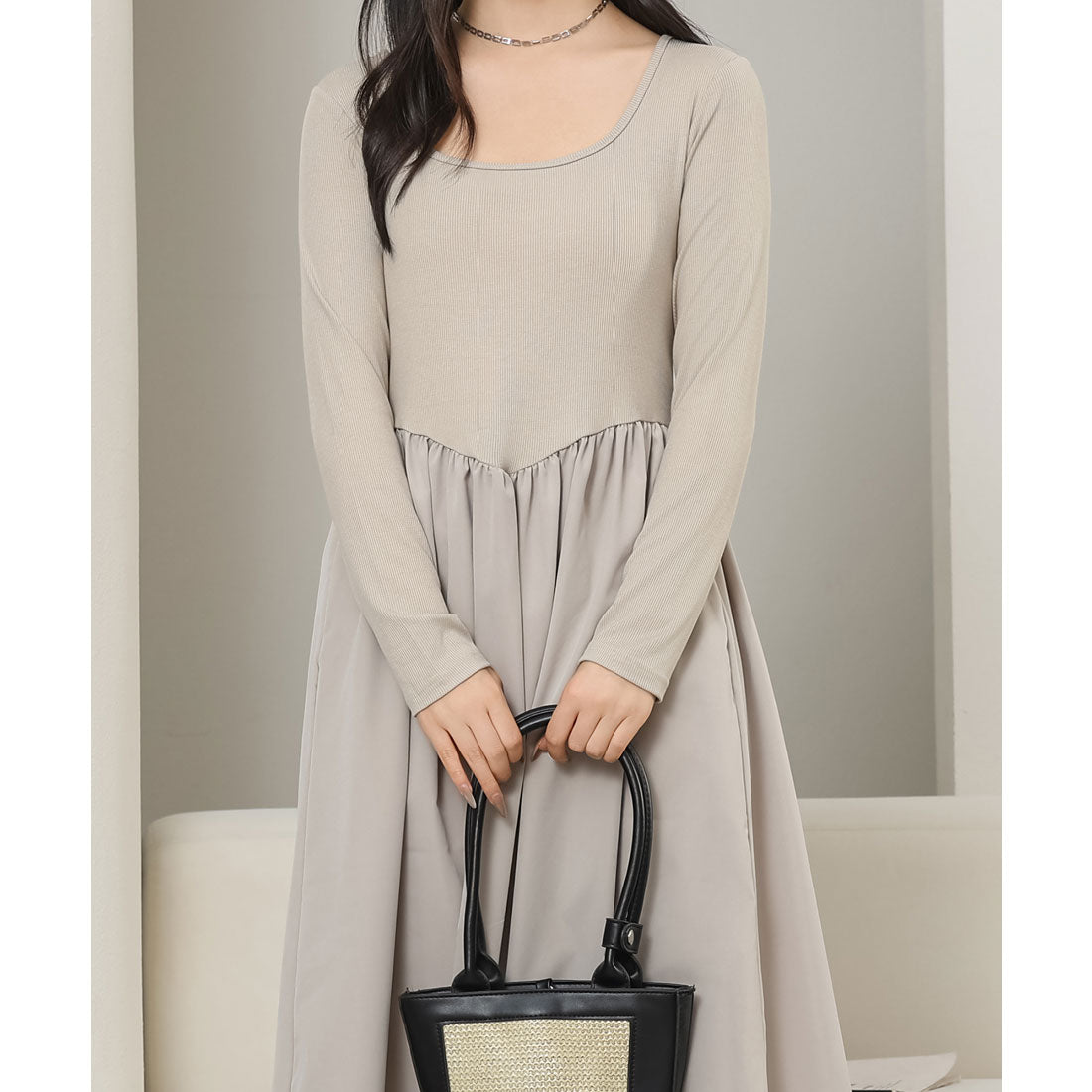 レースレディース Lace Ladies ラウンドネック 切り替え ギャザー ロング ワンピース