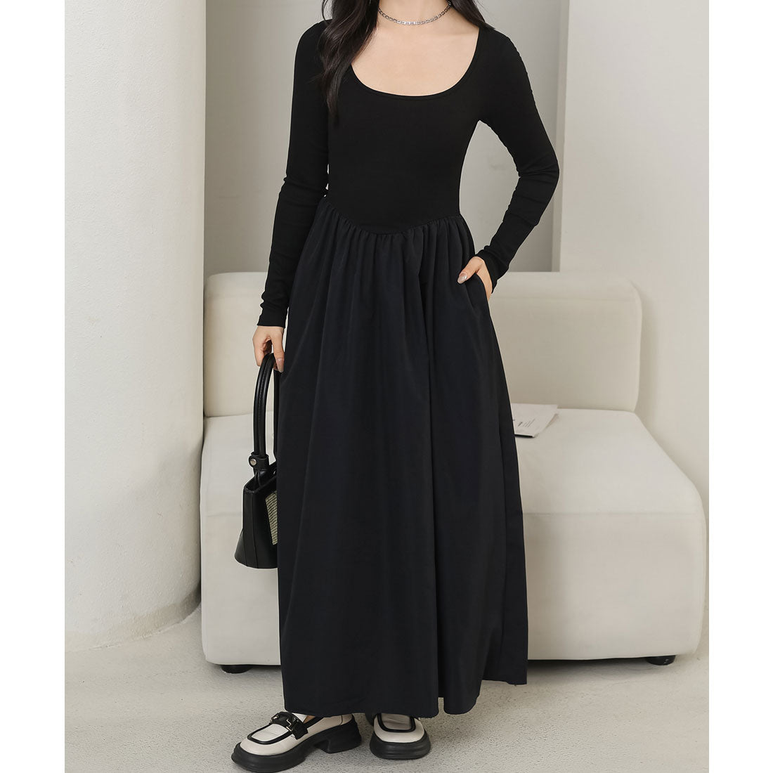 レースレディース Lace Ladies ラウンドネック 切り替え ギャザー ロング ワンピース