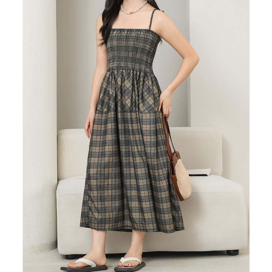 レースレディース Lace Ladies チェック柄 シャーリング キャミソール ロング ワンピース