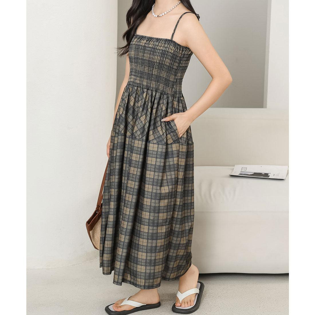 レースレディース Lace Ladies チェック柄 シャーリング キャミソール ロング ワンピース