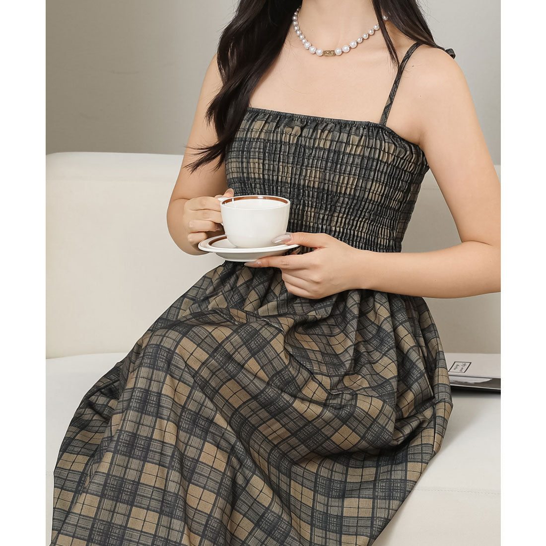 レースレディース Lace Ladies チェック柄 シャーリング キャミソール ロング ワンピース