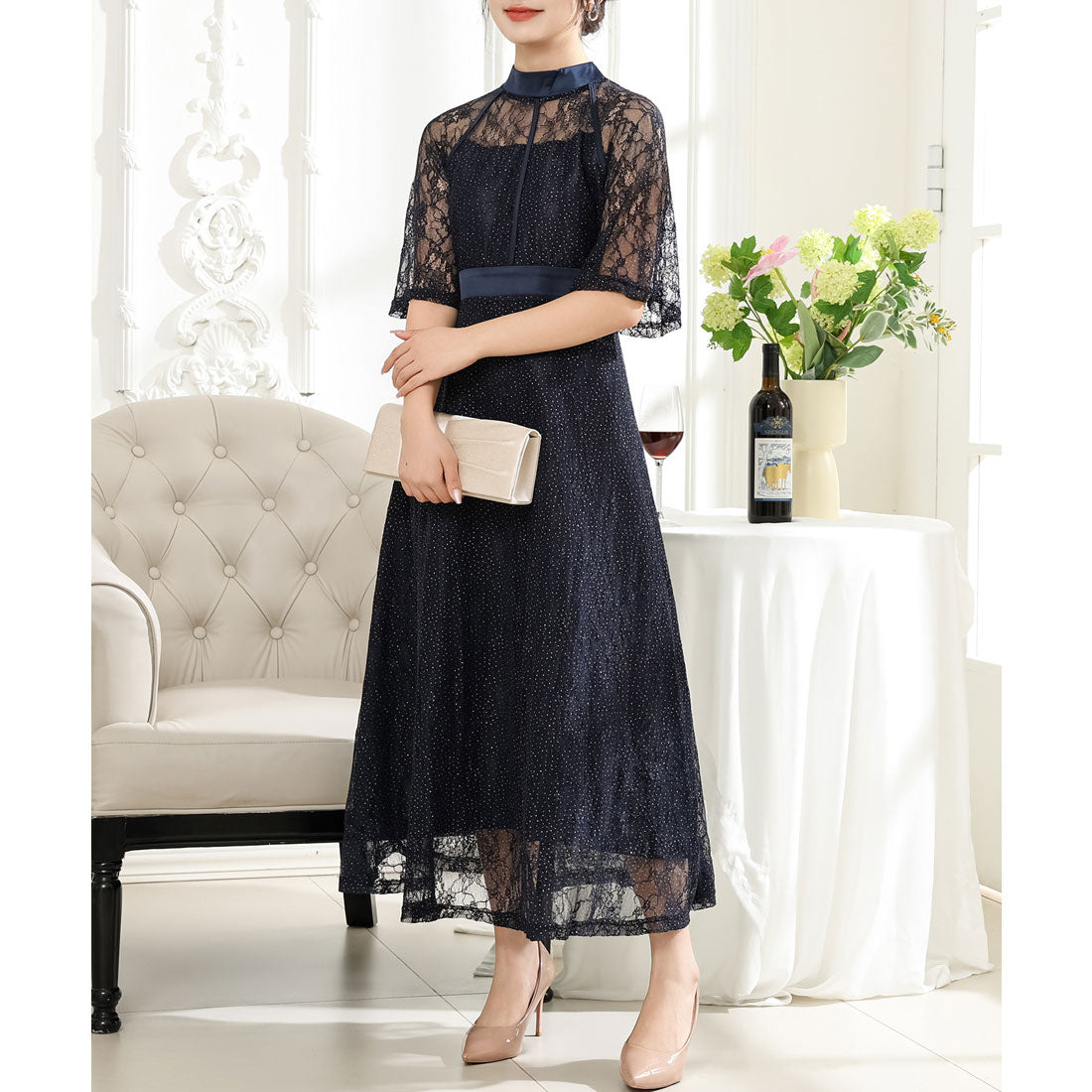 レースレディース Lace Ladies 総レース プチハイネック ハーフ袖 フレア ワンピース