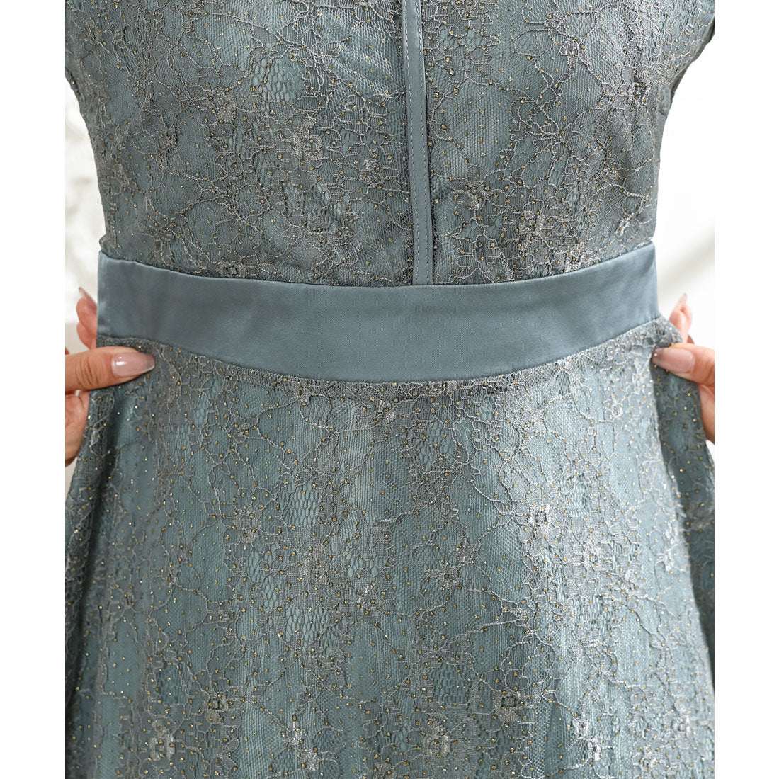 レースレディース Lace Ladies 総レース プチハイネック ハーフ袖 フレア ワンピース