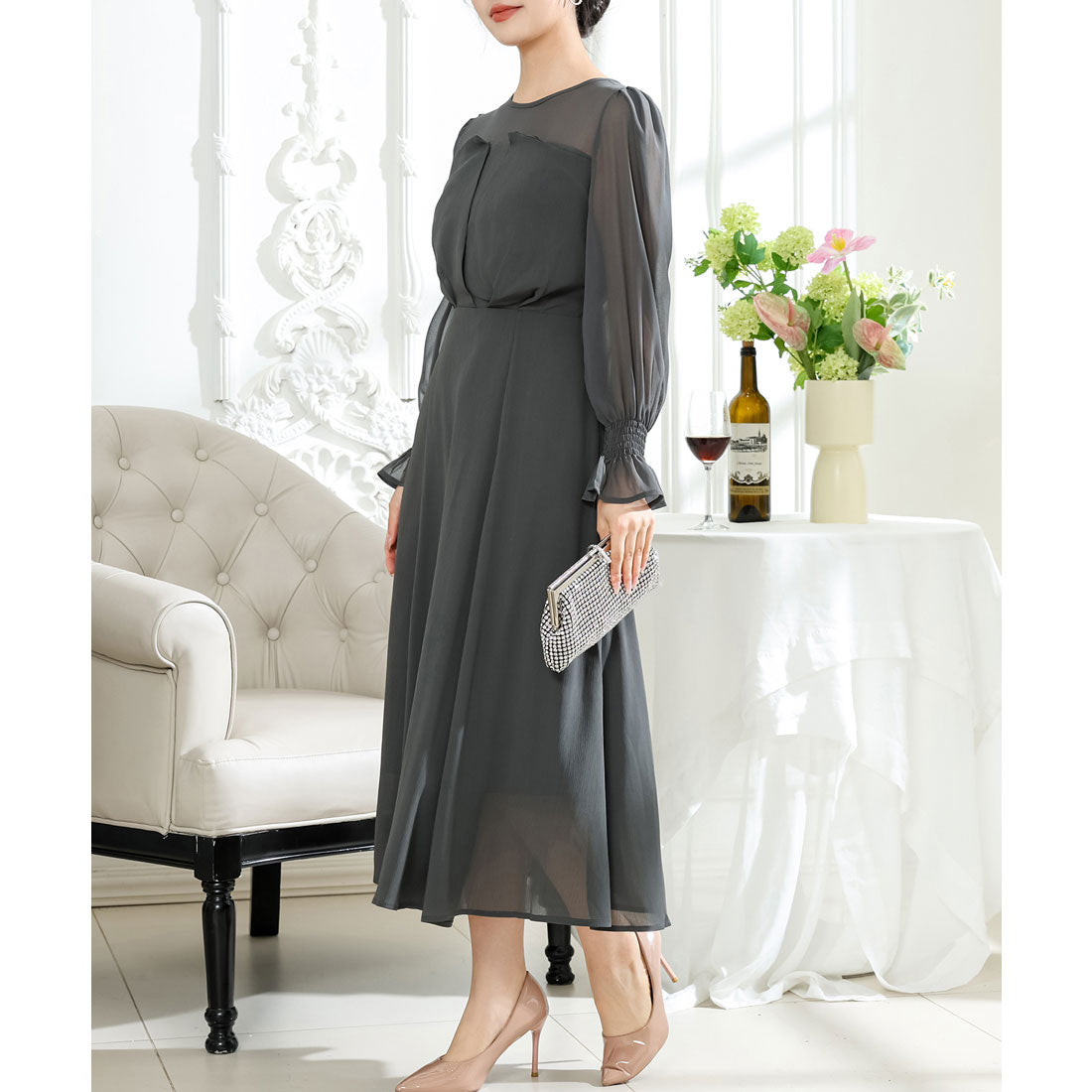 レースレディース Lace Ladies キャンディ袖 パフスリーブ シアー ロング ワンピース