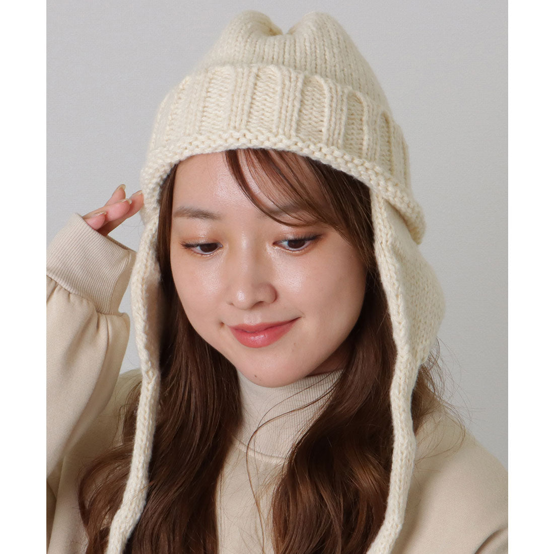 レースレディース Lace Ladies ソリッドカラー 耳あて付き フライト ニット キャップ （アイボリー） アイボリー