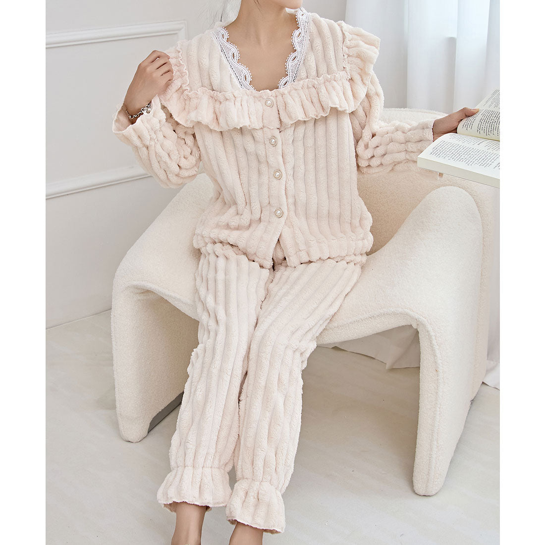 レースレディース Lace Ladies パールボタン スクエア フリル 長袖 フランネル ルームウエア