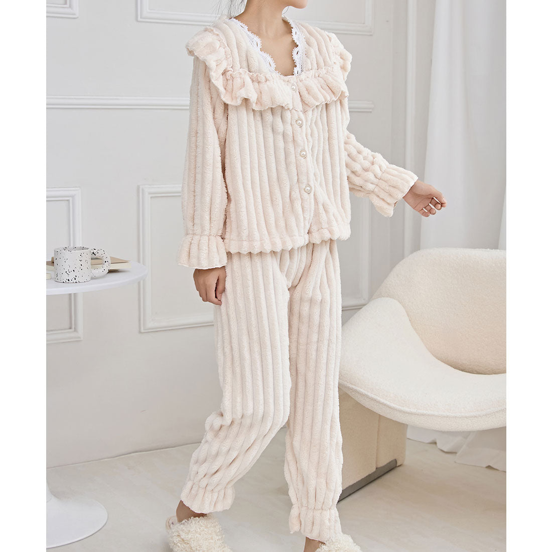 レースレディース Lace Ladies パールボタン スクエア フリル 長袖 フランネル ルームウエア