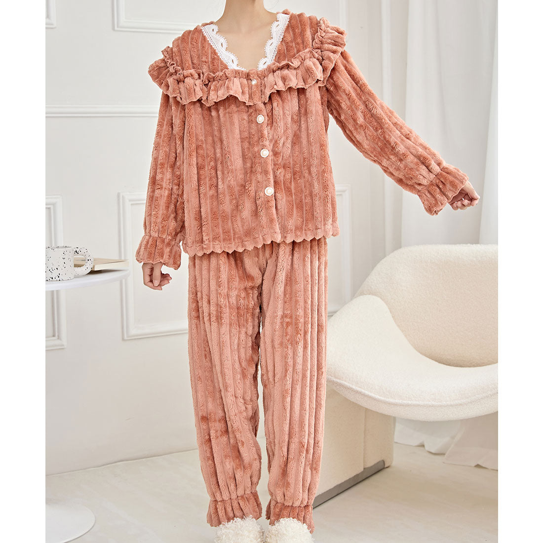レースレディース Lace Ladies パールボタン スクエア フリル 長袖 フランネル ルームウエア