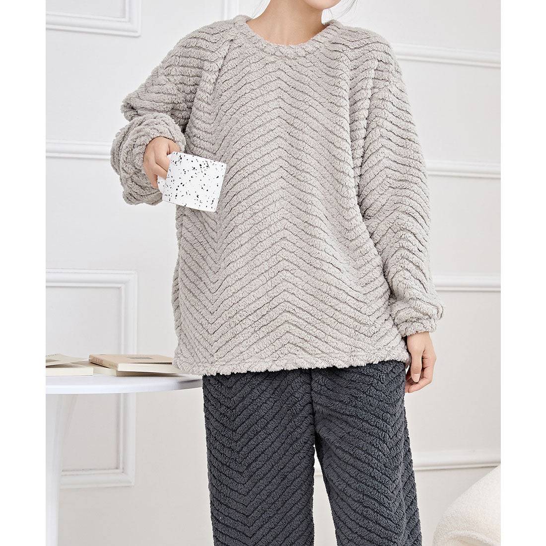 レースレディース Lace Ladies ラウンドネック 配色 ヘリンボーン フリース ルームウエア