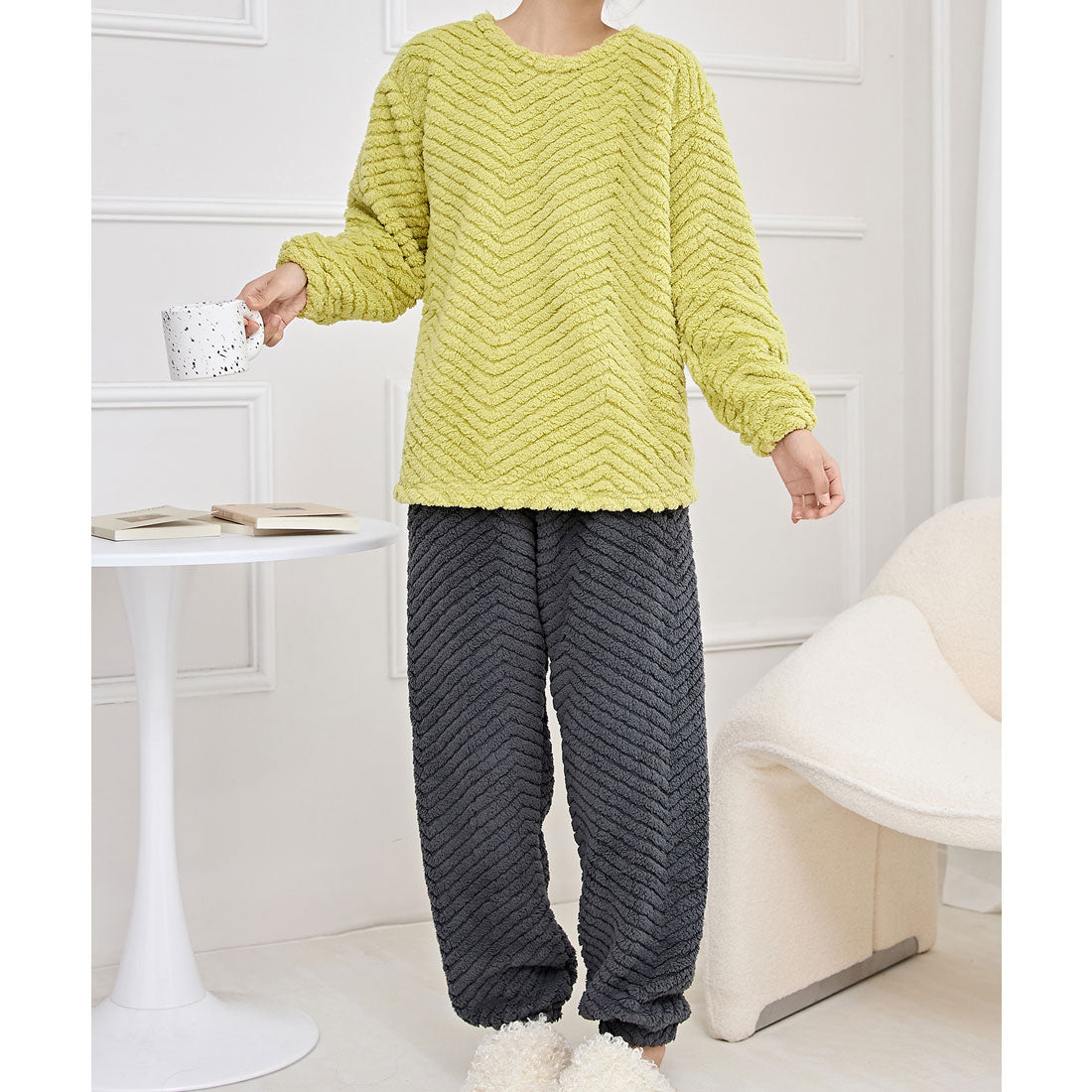 レースレディース Lace Ladies ラウンドネック 配色 ヘリンボーン フリース ルームウエア