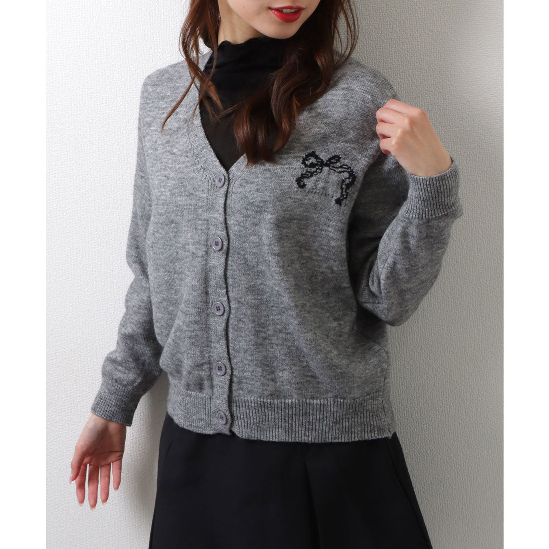 Lace Ladies Ribbon Pattern V-Neck Ribbed Cardigan Knit Sweater Top