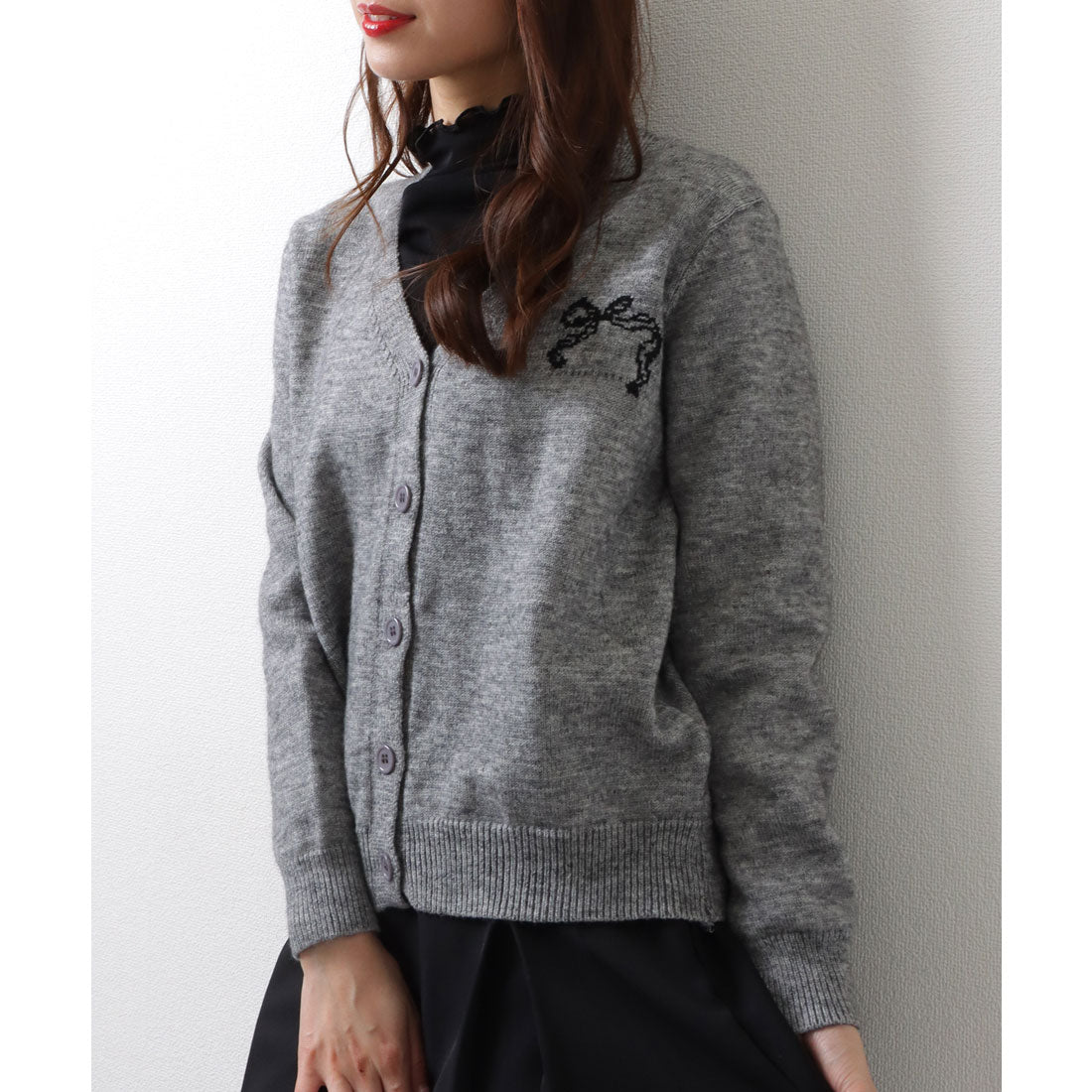 Lace Ladies Ribbon Pattern V-Neck Ribbed Cardigan Knit Sweater Top