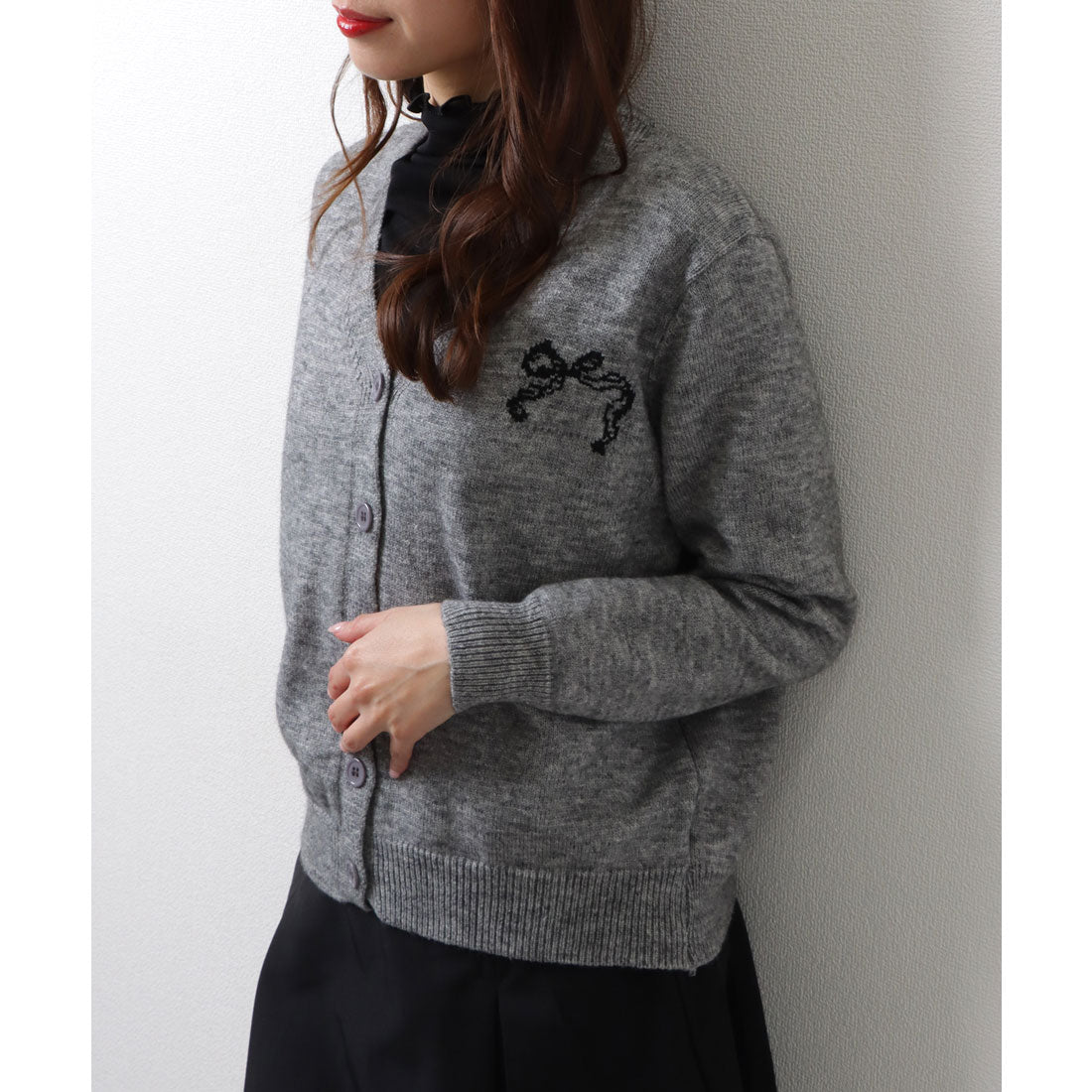 Lace Ladies Ribbon Pattern V-Neck Ribbed Cardigan Knit Sweater Top